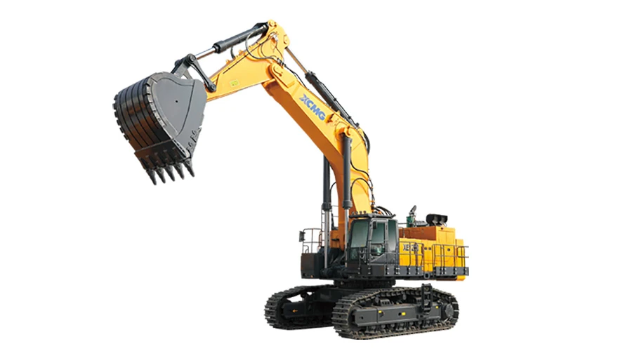 XCMG XE1250 heavy-duty excavator for mining, front-left perspective side view with boom and bucket raised banner