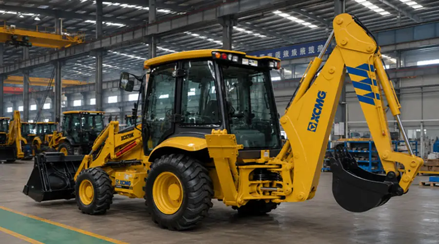 A yellow XCMG XC870K backhoe loader showcased in a factory, representing the multi-tool versatility for urban utility and infrastructure construction.