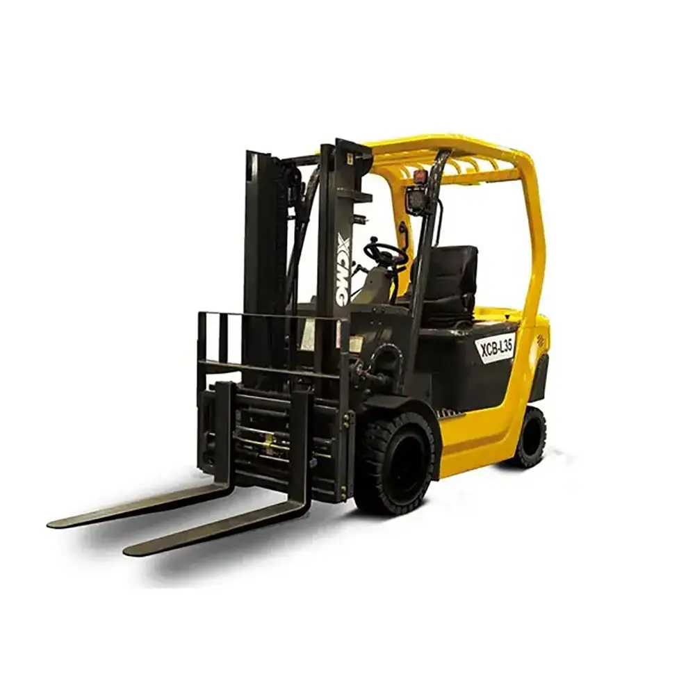 Side view of XCMG XCB-L35 electric forklift featuring high-performance battery and heavy-duty mast.