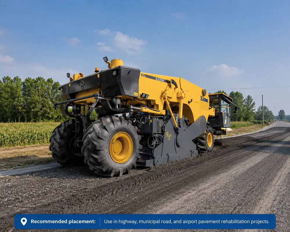  XCMG XLZ2105K road cold recycler working on a municipal road site, demonstrating 100% in-situ material reuse and single-pass efficiency