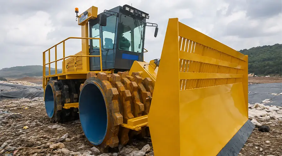 A yellow XH263J heavy-duty landfill compactor with spiked wheels and a large front blade working on a solid-fill construction site under a cloudy sky.